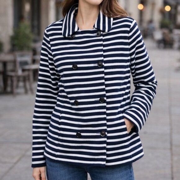 Lands' End Jackets & Blazers - Lands End Women Fleece Jacket Pea Coat Navy Blue White Stripe S Double Breasted